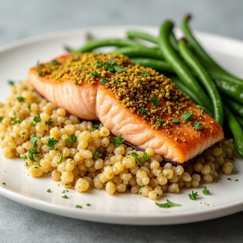 Crispy Pistachio Crusted Salmon with Fresh Lemon Herb Quinoa