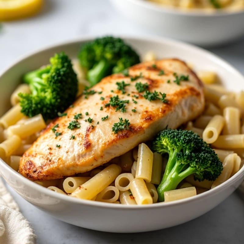 Lemon Garlic Chicken with Whole Wheat Penne and Roasted Broccoli
