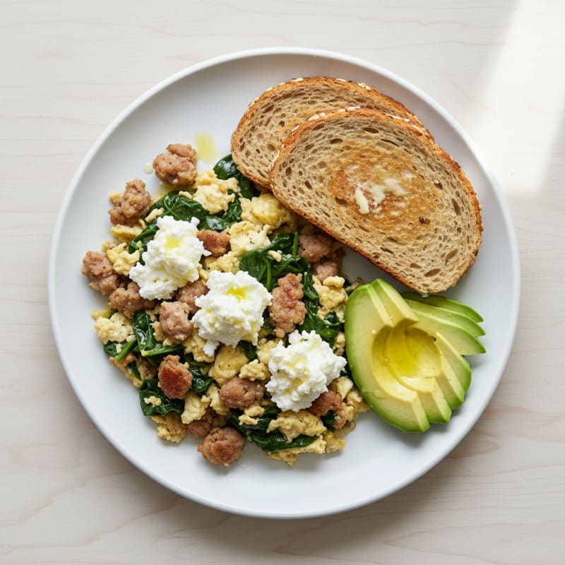 Egg White and Turkey Sausage Scramble with Cottage Cheese and Spinach