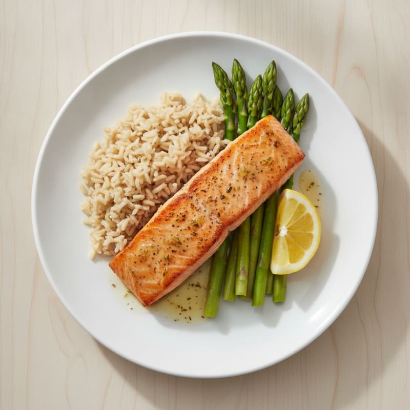 Seared Salmon with Steamed Asparagus and Brown Rice