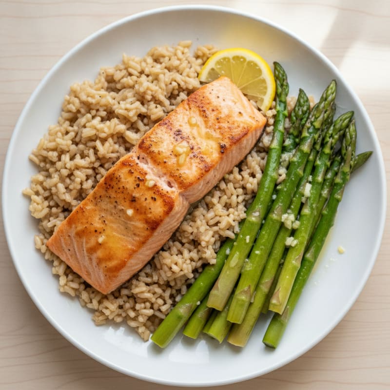 Seared Salmon with Steamed Asparagus and Brown Rice