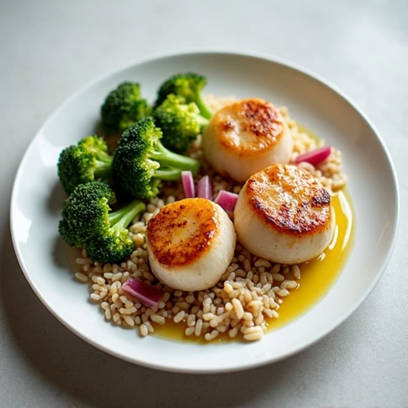 Seared Scallops with Roasted Broccoli, Rice, and Tangy Pickled Red Onion
