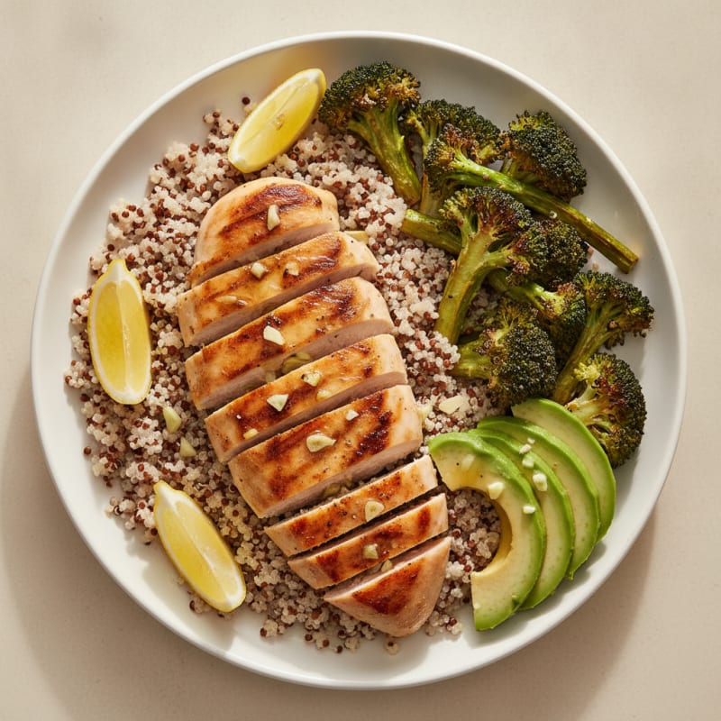 Grilled Lemon-Garlic Chicken Breast with Quinoa and Roasted Broccoli