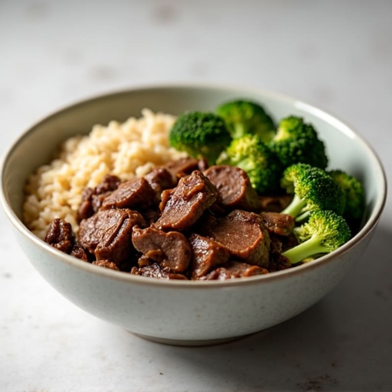 Tender Garlic Ginger Beef with Roasted Broccoli and Brown Rice Bowl