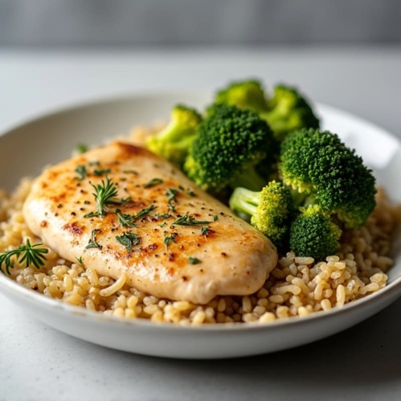 Lemon Herb Roasted Chicken with Fluffy Brown Rice and Crispy Roasted Broccoli