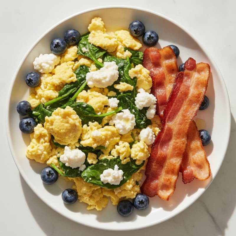 Cottage Cheese Egg Scramble with Spinach and Turkey Bacon
