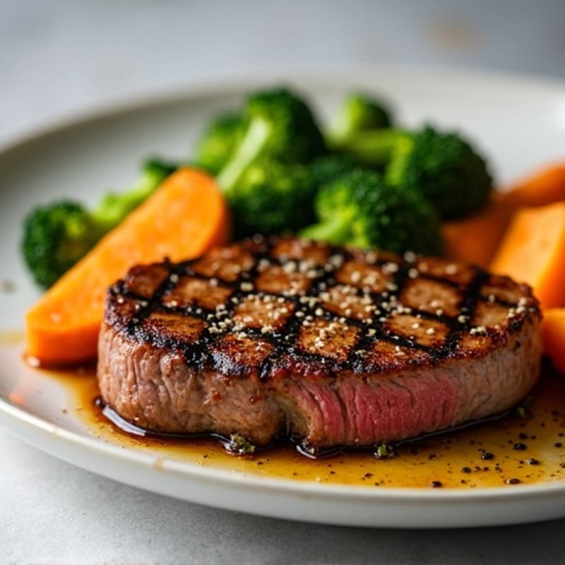 Grilled Bavette Steak with Roasted Broccoli and Sweet Potatoes