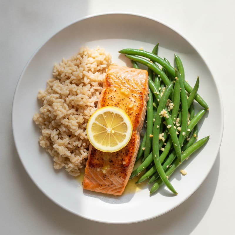 Seared Salmon with Garlic Green Beans and Brown Rice