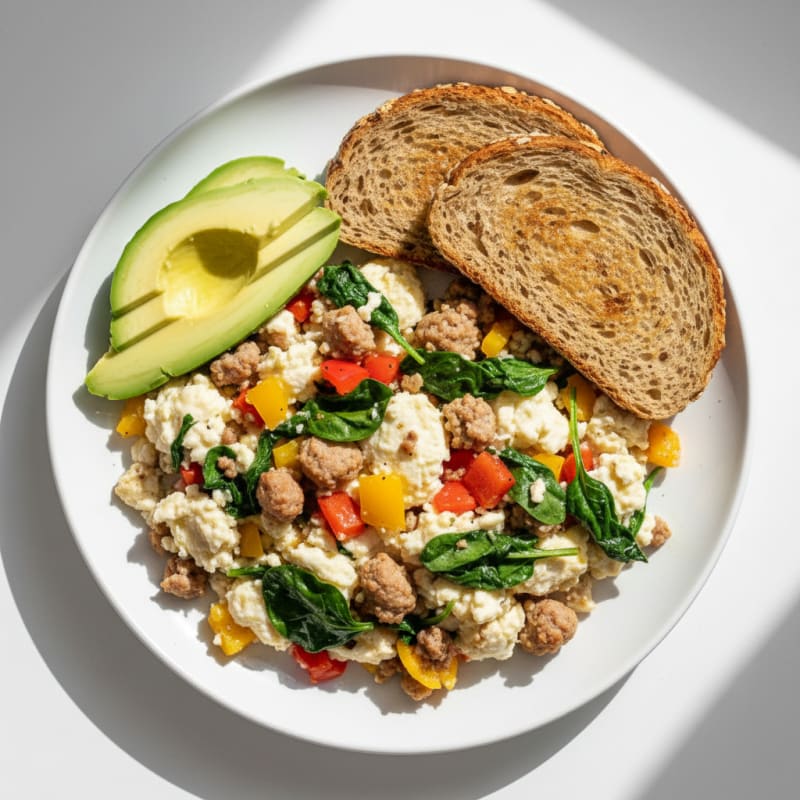 Egg White and Turkey Sausage Scramble with Spinach and Bell Peppers