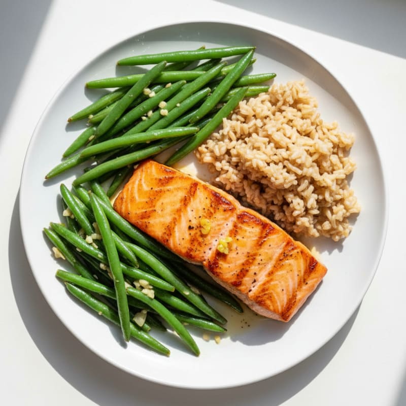Seared Salmon Fillet with Garlic Green Beans and Brown Rice