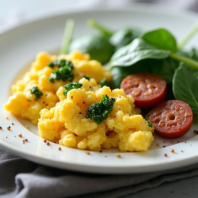 Fluffy Scrambled Eggs with Sautéed Spinach and Lean Turkey Sausage