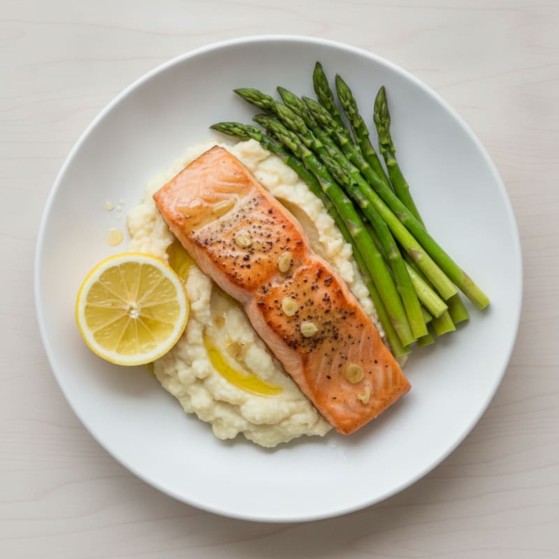 Seared Salmon Fillet with Steamed Asparagus and Garlic Mashed Cauliflower
