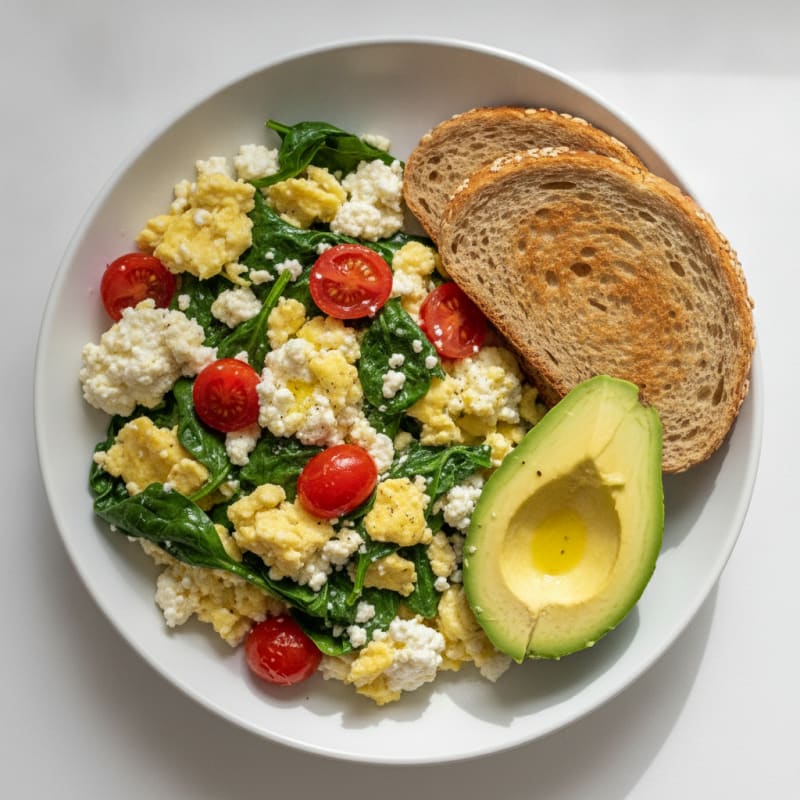 Cottage Cheese Scramble with Sautéed Spinach and Cherry Tomatoes