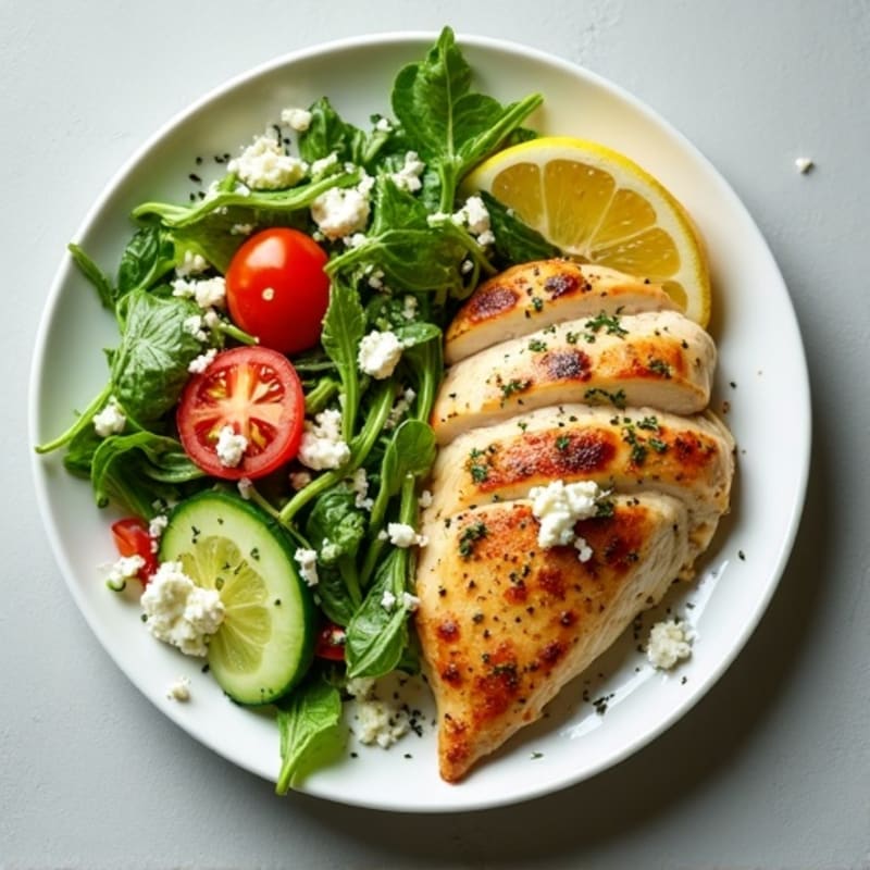 Lemon-Herb Roasted Chicken with Fresh Greens, Cucumber, Tomato, and Creamy Feta Dressing
