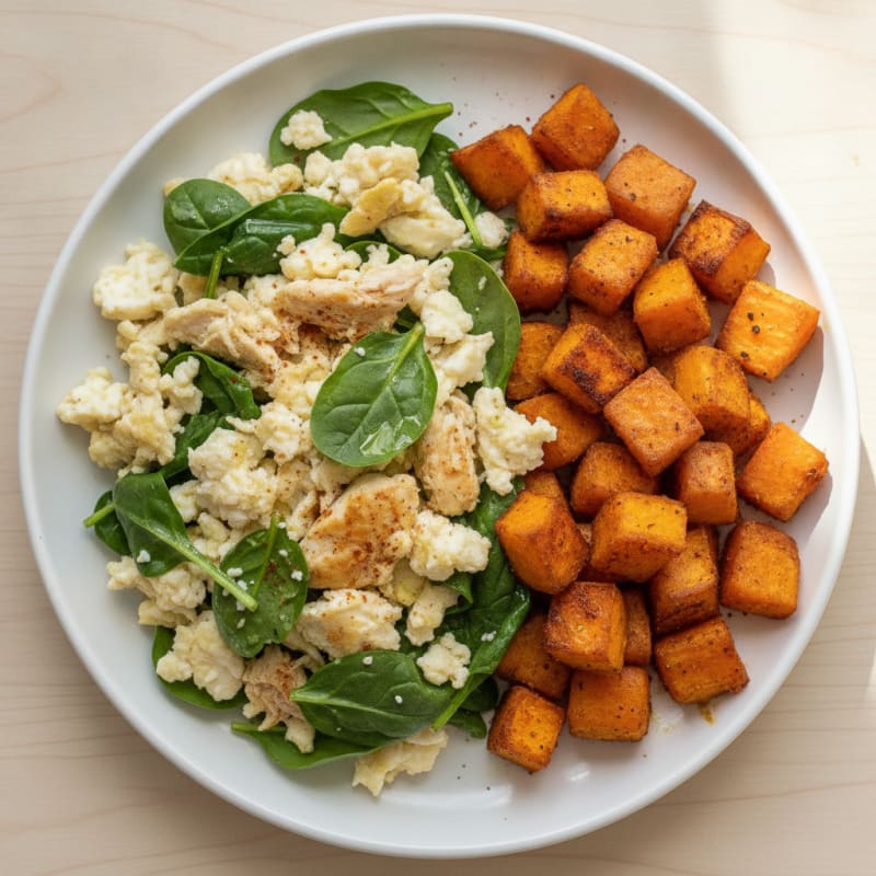 Chicken Egg White Scramble with Roasted Sweet Potatoes