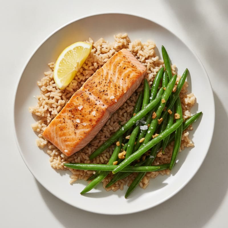 Seared Salmon Fillet with Garlic Green Beans and Brown Rice
