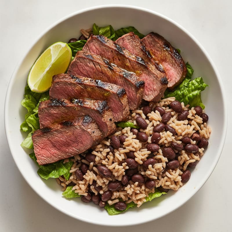 Grilled Steak and Black Bean Rice Bowl with Lettuce