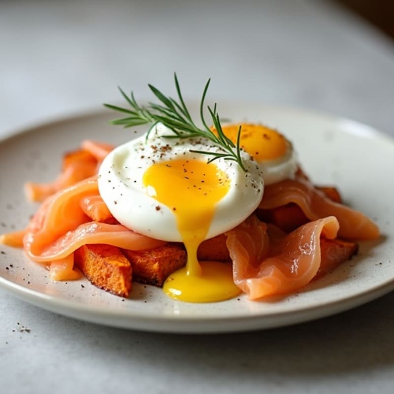 Poached Eggs with Roasted Sweet Potato, Smoked Salmon, and Creamy Lemon-Dill Sauce