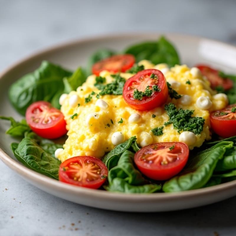 Egg White Spinach Scramble with Cottage Cheese and Sautéed Tomatoes