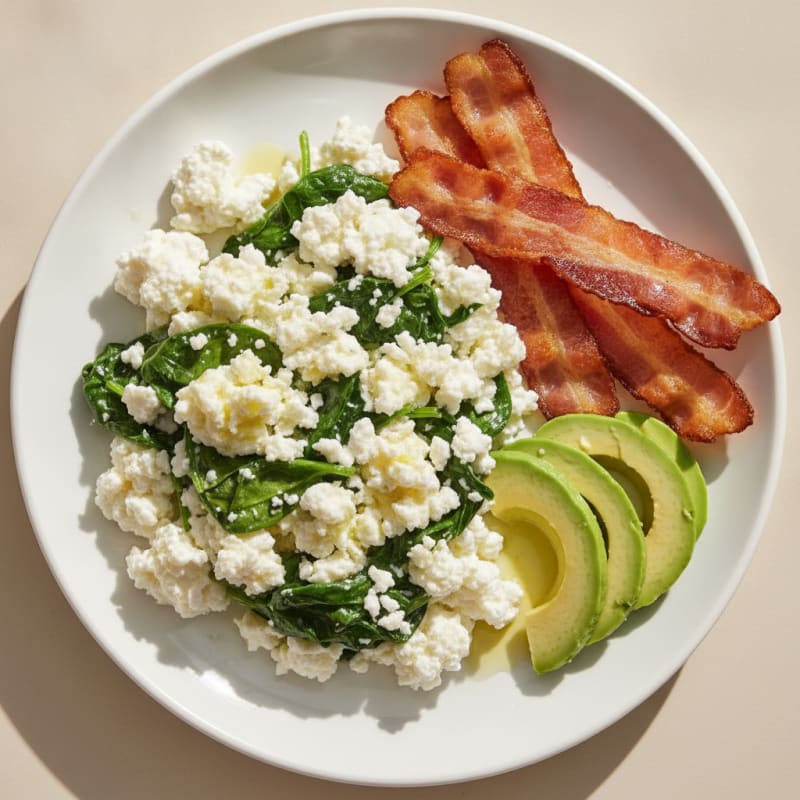 Cottage Cheese Egg White Scramble with Spinach and Turkey Bacon