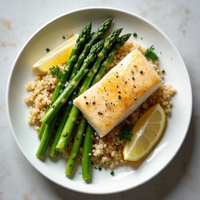 Seared Cod with Steamed Asparagus and Lemon Herb Quinoa