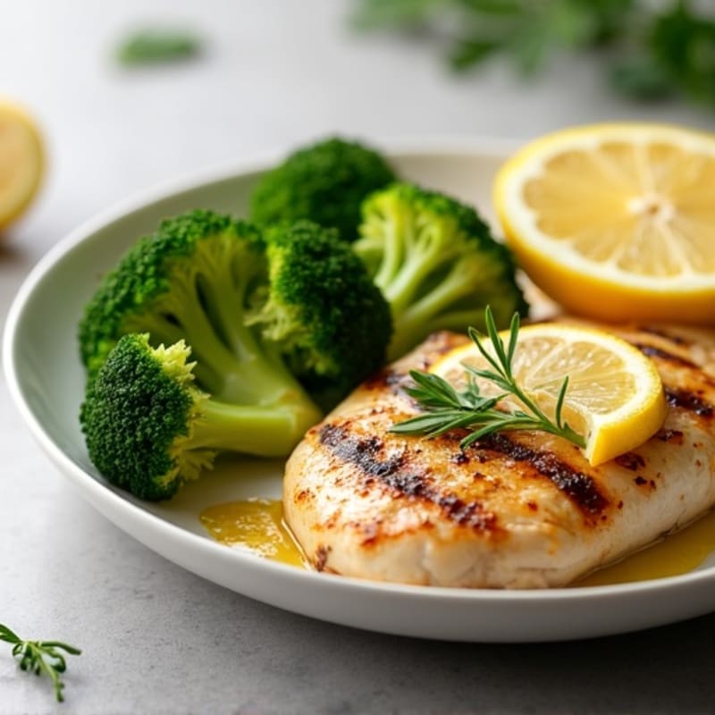 Grilled Chicken Breast with Steamed Broccoli and Lemon