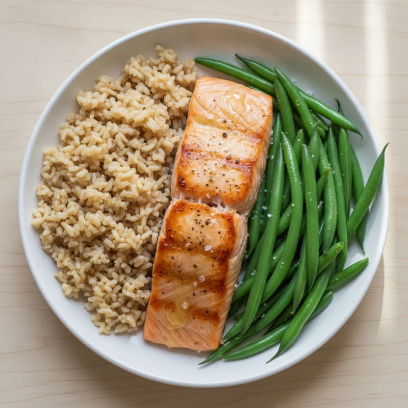 Seared Salmon with Steamed Green Beans and Brown Rice