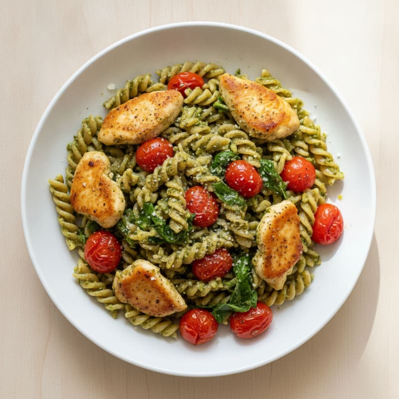 Pesto Chicken Linguine with Blistered Tomatoes