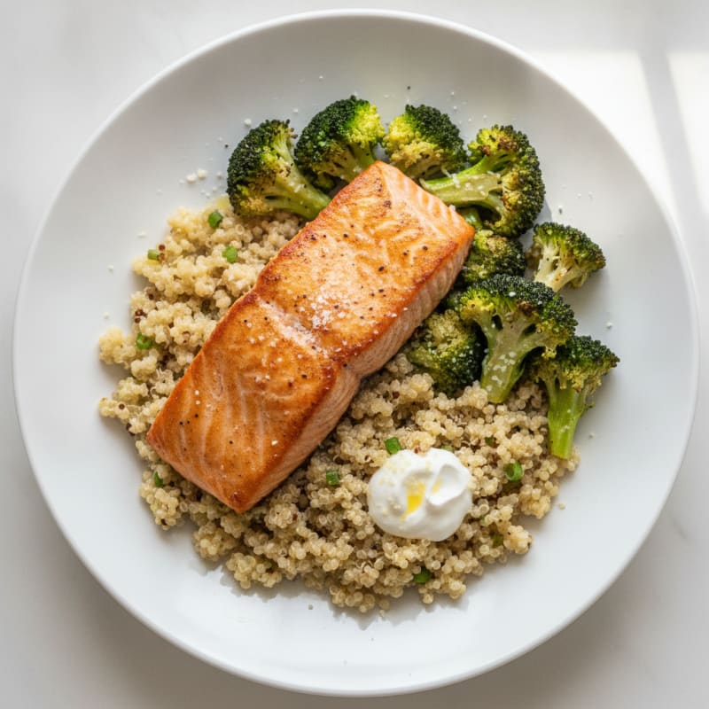 Seared Salmon with Roasted Broccoli and Cheesy Quinoa