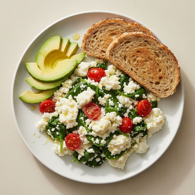 Egg White and Cottage Cheese Scramble with Spinach and Cherry Tomatoes