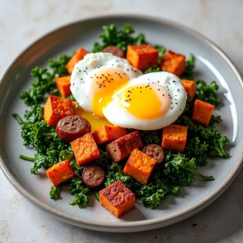 Crispy Sweet Potato and Kale Hash with Poached Eggs