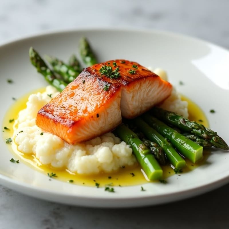 Seared Salmon with Steamed Asparagus and Cauliflower Mash