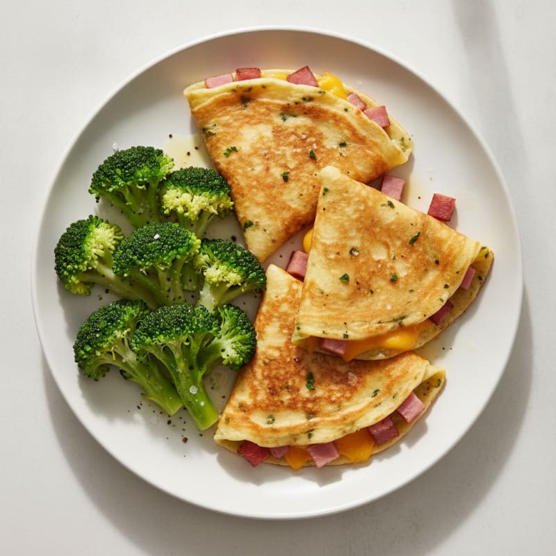 Savory Ham and Cheese Egg Pancakes with Steamed Broccoli