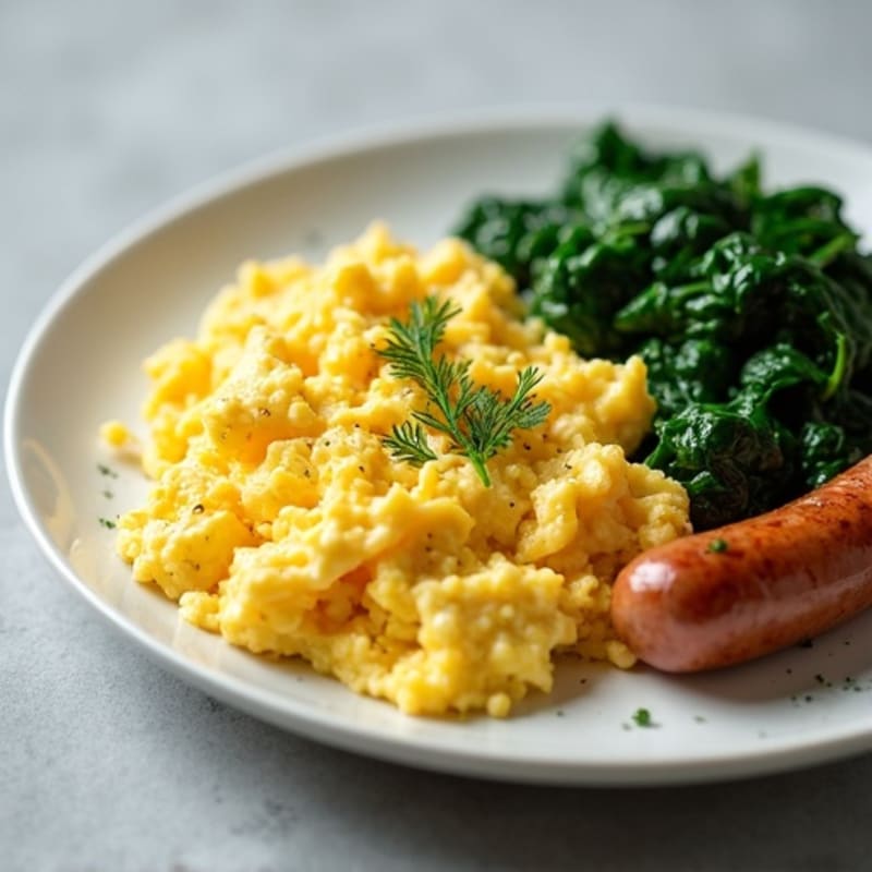 Creamy Scrambled Eggs with Sautéed Spinach and Lean Chicken Sausage