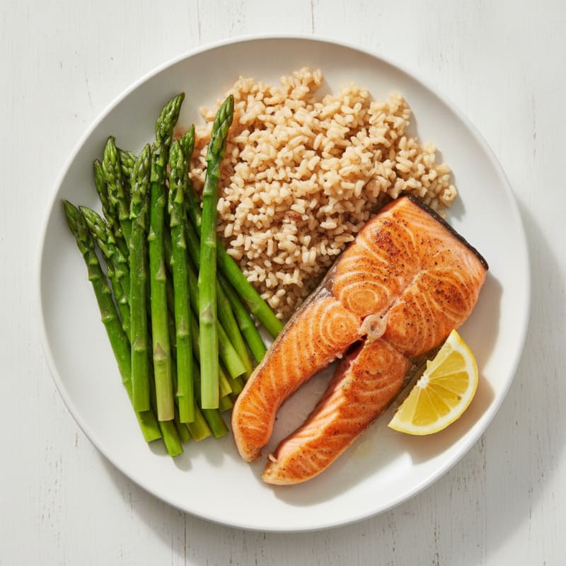 Seared Salmon Fillet with Steamed Asparagus and Brown Rice