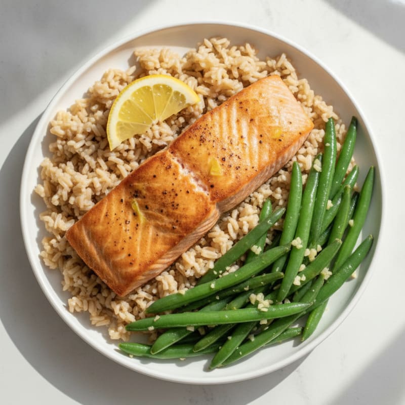Seared Salmon Fillet with Garlic Green Beans and Brown Rice