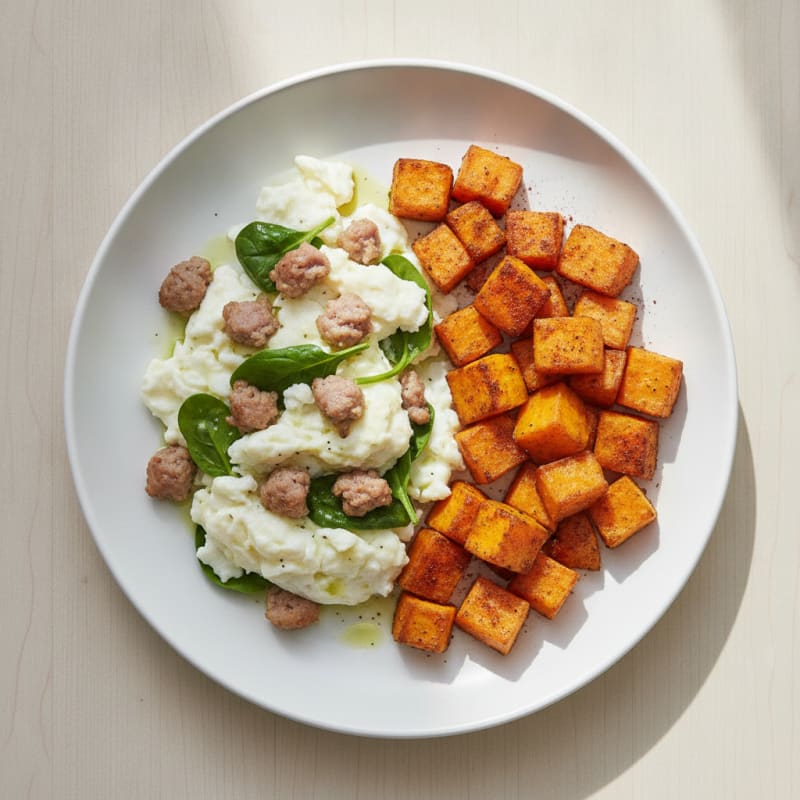 Scrambled Egg Whites with Turkey Sausage and Roasted Sweet Potato