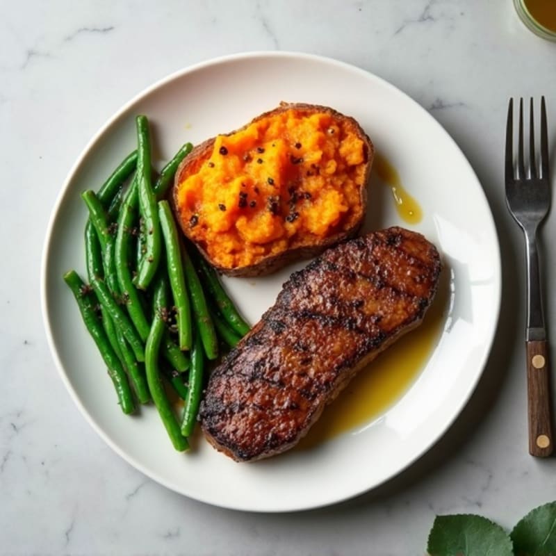 Seared Sirloin Steak with Garlic Green Beans and Baked Sweet Potato