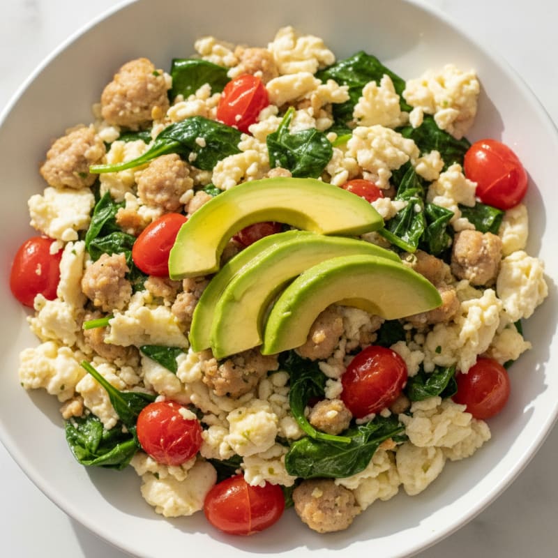 Egg White and Turkey Sausage Scramble with Spinach and Tomatoes