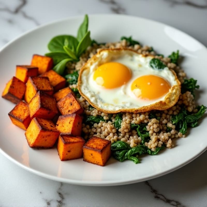 Egg White and Turkey Spinach Scramble with Roasted Sweet Potato