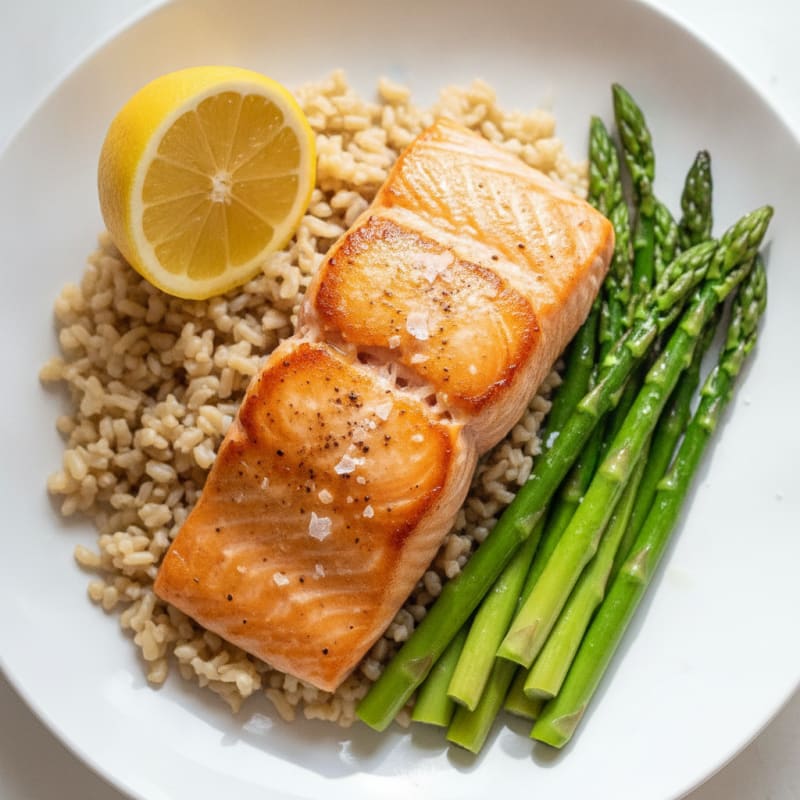 Seared Salmon with Steamed Asparagus and Brown Rice