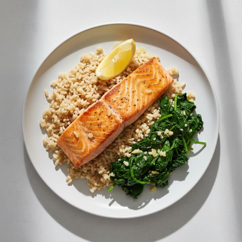 Seared Salmon with Garlic Sautéed Spinach and Brown Rice