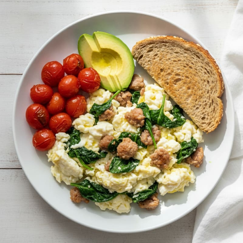 Egg White Spinach Scramble with Turkey Sausage