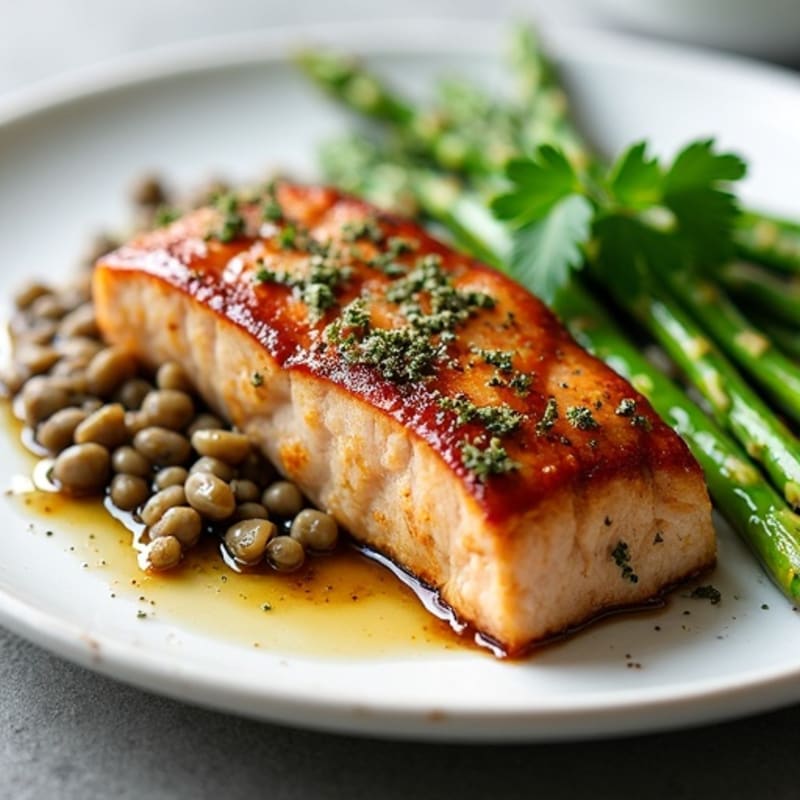 Seared Herb-Crusted Tuna Steak with Steamed Asparagus and Lentils