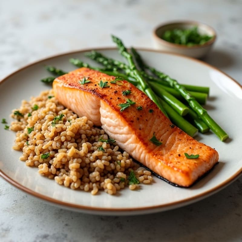 Seared Salmon with Steamed Asparagus and Brown Rice