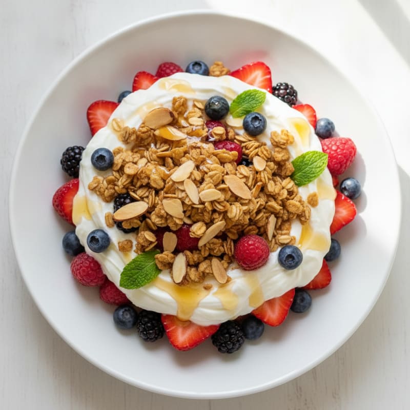Greek Yogurt Parfait with Mixed Berries and Crunchy Almond Granola