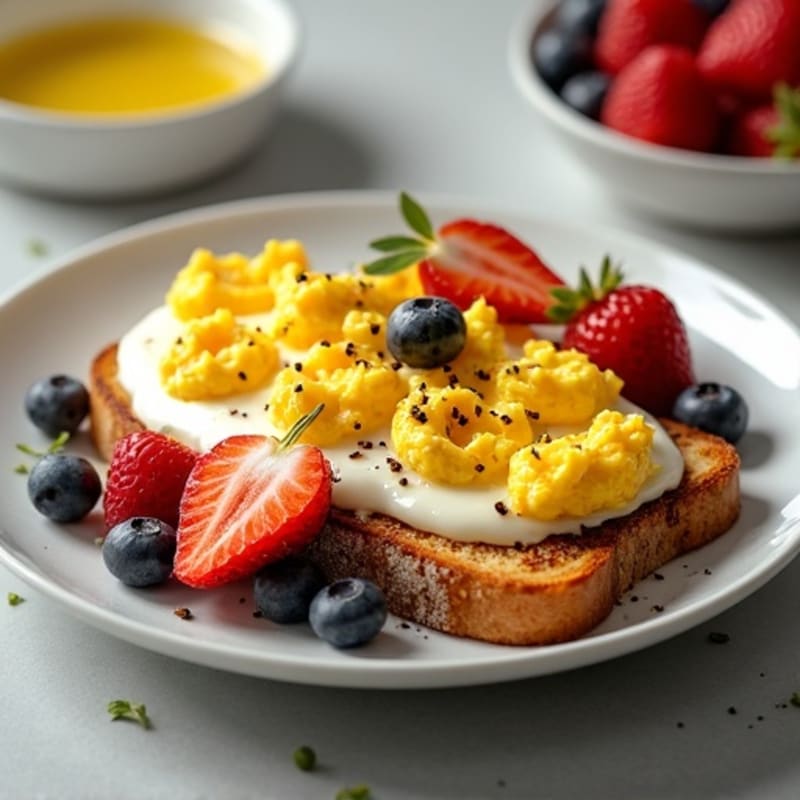 Egg and Greek Yogurt Scramble on Sourdough Toast with Fresh Berries