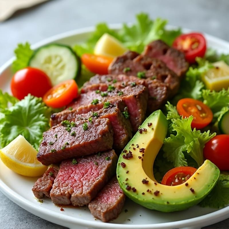 Grilled Beef Steak Salad with Crunchy Vegetables and Avocado