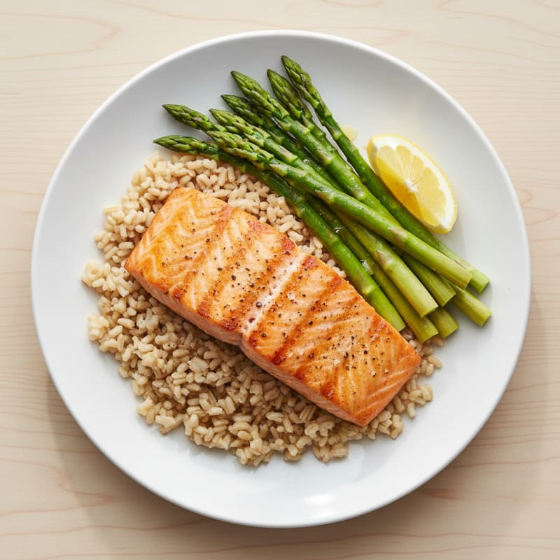 Seared Salmon with Steamed Asparagus and Brown Rice