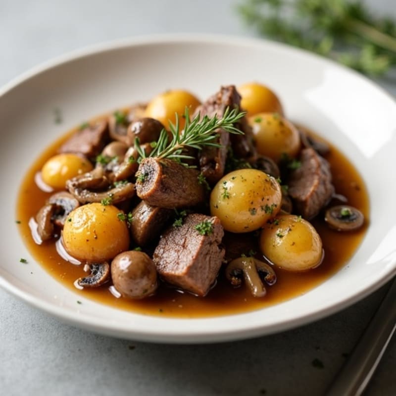 Slow-Cooked Beef with Rich Mushroom Gravy and Herb-Roasted Potatoes
